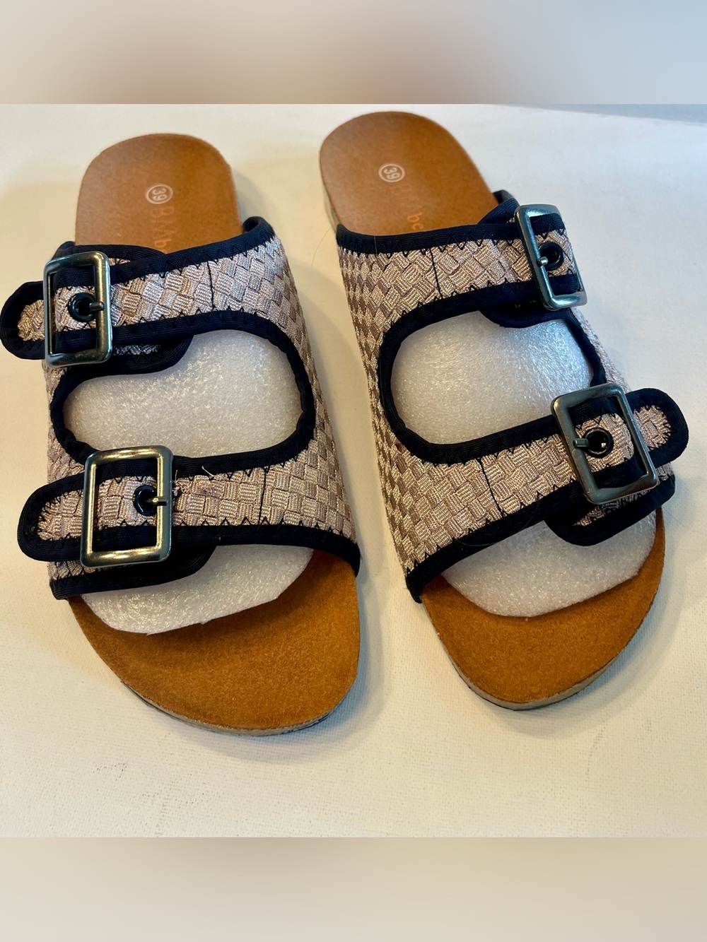 NIB BERNIE MEV SUNSET NUDE METALLIC SLIDE SANDAL WOVEN ADJUSTABLE VELCRO STRAPS - Picture 9 of 14